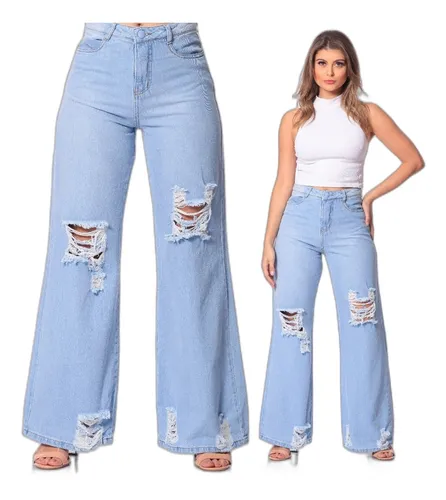 Calça Wide Leg Jeans Cintura Alta Strech Boca De Sino Oferta