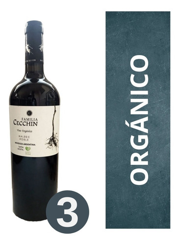 Imagen 1 de 10 de Vino Orgánico Malbec Roble Familia Cecchin 3 X 750 Cc