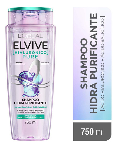 Shampoo L'Oréal Paris Elvive Hialuronico Pure 750 mL Con Ácido Hialurónico Y Salicílico Para Cabellos Grasos Con Raiz Deshidratada