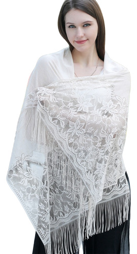 Chal De Encaje Con Flecos Elegante Rebozo Bufanda Para Mujer Blanco Unico