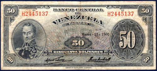 Billete De 50 Bolívares H7 Marzo 11 1960 Simón Bolívar