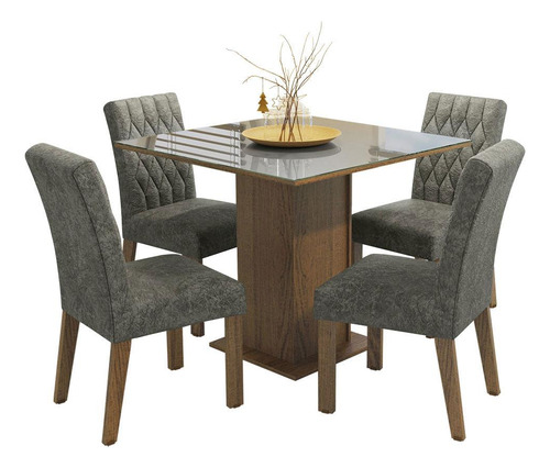 Juego de Comedor con Mesa Tablero de Vidrio y 4 Sillas Anaju Madesa Color Marron Gris Plata