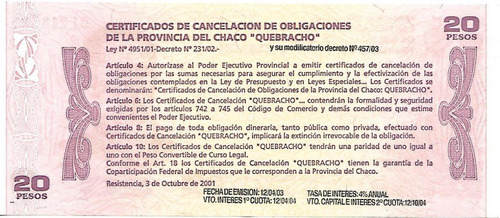 Ec# 253 Bono Chaco $ 20 Quebracho Ex+ Palermo (Usado)