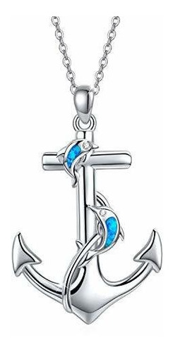 Collar - Anchor Necklace With Blue Opal Dolphin Pendant Navy