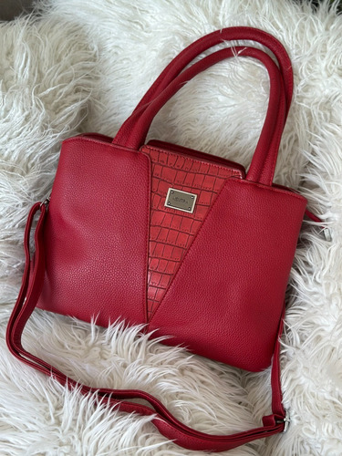 Cartera Baul Importada Semi Rigida Croco Divisiones Mediana Rojo Tramado Níquel Rojo