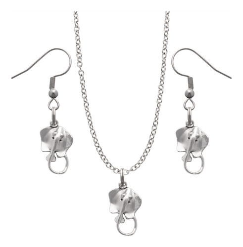 Kit Collar Y Aretes Animales Acuáticos Dije Cadena Acero Plateado Mantarraya 2