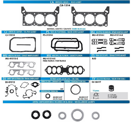 Juntas Motor Para Taurus Guayin 232  Exc.supercargado 88-94