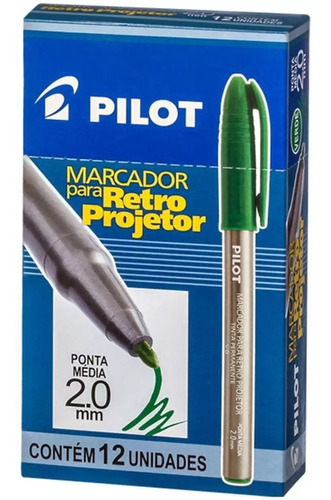12 Caneta Marcador Retro Projetor Pilot Verde Ponta 2.0mm