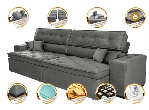 Sofá Retrátil e Reclinável 3,12m com Molas Cama inBox Estilo Suede Velusoft Cinza