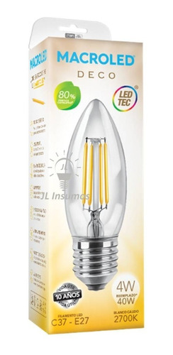 Pack 2 Lampara Led Vela Filamento 4w E27 Luz Calida