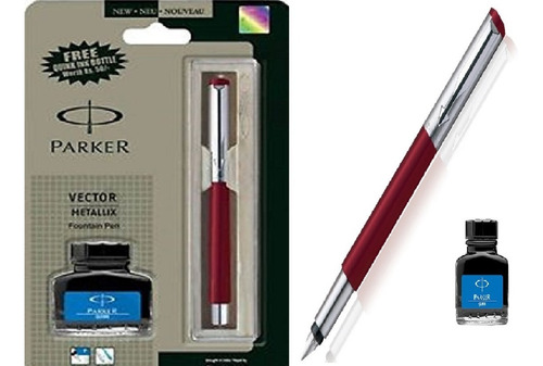 Parker Vector Metallix Pluma Fuente Rojo - Acero Nib F + Ink