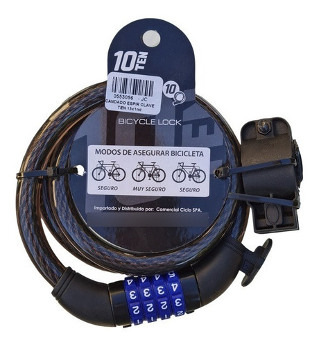 Candado 10ten Espiral Con Clave Largo 1 Mts Grosor 15mm