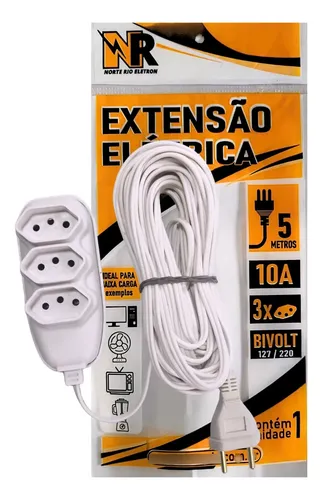 Extensão Elétrica 5 Metros Bivolt Branca 3 Tomada Tripolar
