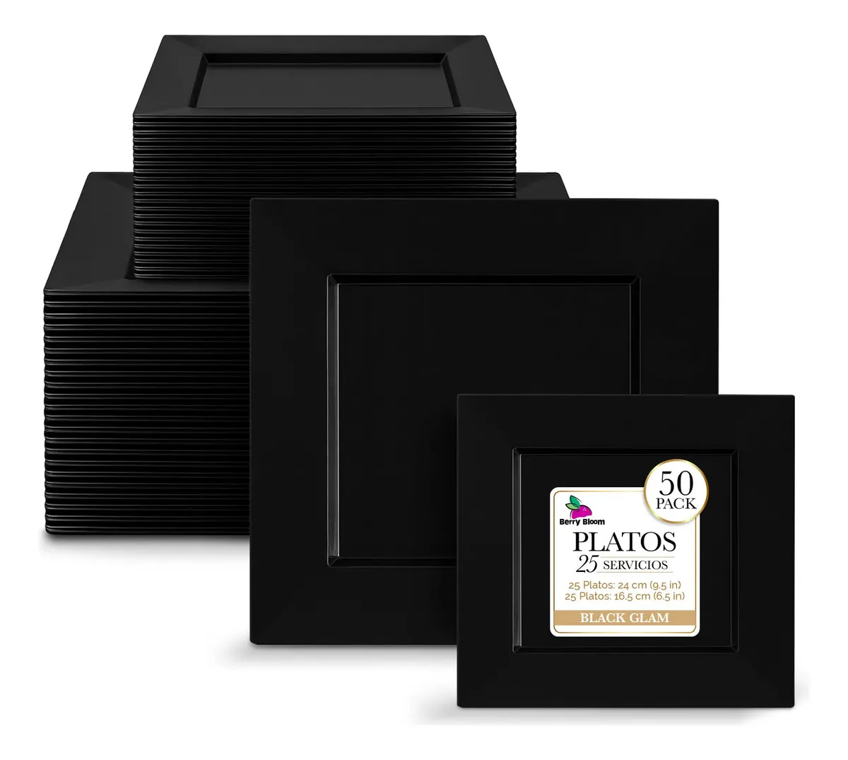 Berry Bloom 50 Platos Cuadrados Reutilizables Negros, 25 Platos De 16 cm (6.5") y 25 De 25 cm (9.5"), Vajilla Elegante y Resistente Para Bodas, Fiestas, Banquetes, Reuniones y Cate