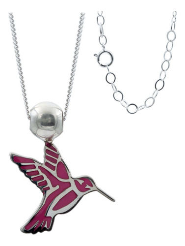 Collar Ajustable Colibri Esmaltado Mujer Plata 925 Color Fucsia