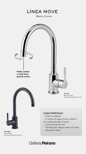 Grifería Cocina Monocomando Doble Función Peirano Move Negro