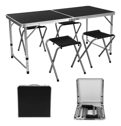 Mesa Plegable Tipo Portafolio 4 Bancos Para Jardín Portátil Color Negro