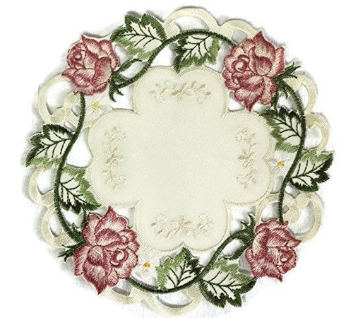 Tapete Redondo O Mantel Individual Bordado Con Rosas Rosadas