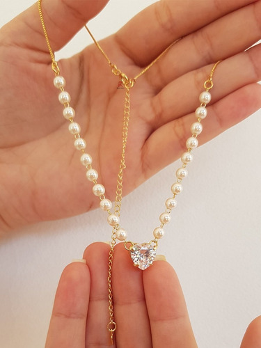Colar Pérolas Verdadeiras Feminino Gargantilha Pingente Ouro Cor Dourado