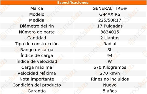 Par Llantas G-max Rs General Tire Medida 225/50r17 94w Sl