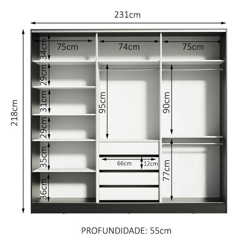 Guarda Ropa Closet Madesa Royale 3 Puertas 2 Espejo Color Negro/Marrón