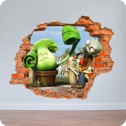 Vinilo Pared Rota 3d Plantas Contra Zombies