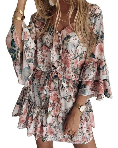 Vestido De Mujer Con Estampado Floral De Chifón Temperam [u]