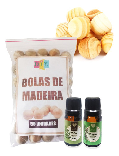 50 Bolinhas Madeira + 2 Essências 15 Ml Antimofo Umidade 