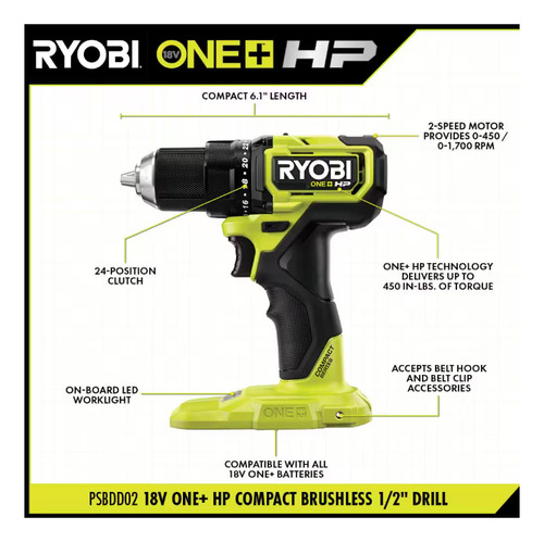 Ryobi Psbdd02 Taladro Eléctrico Hp Brushless Verde Lima 50 (Usado)
