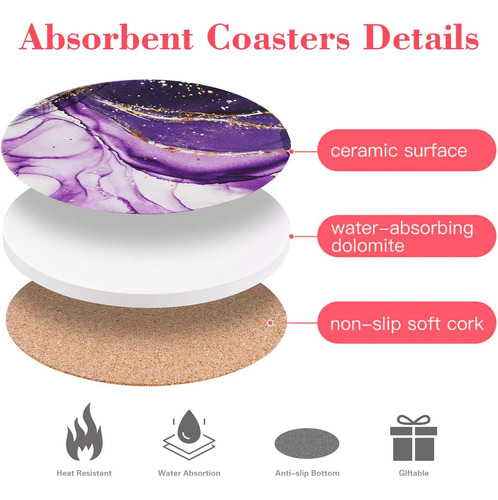 Lb Juego De 6 Posavasos De Mármol Morado, Posavasos Absorben