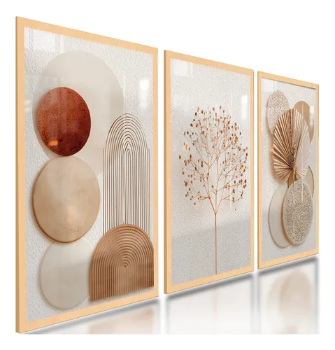 Quadros Decorativos Abstratos Geométricos Boho Neutro 122x60  Cor Carvalho Armação Infinita