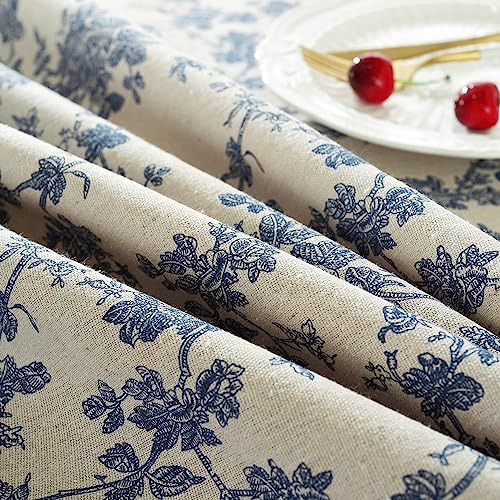 Mantel Redondo De Lino Floral Con Borlas Azules