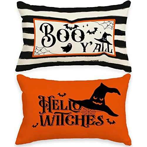 Fundas De Almohada De Lino Rayas De Acuarela De Hallowe...