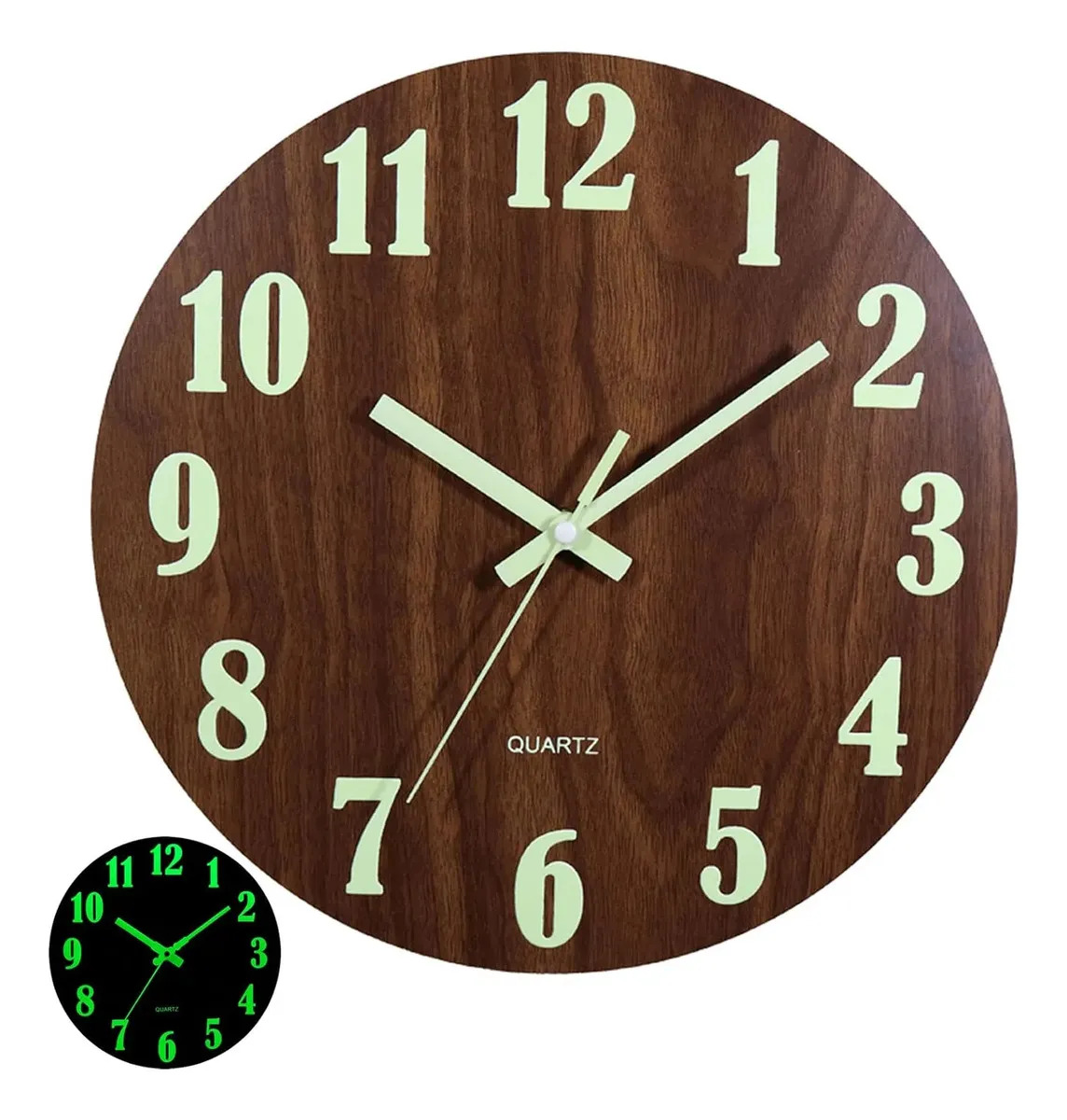Reloj de Pared Luminoso de Madera Redondo Vintage con Números Visibles en la Oscuridad