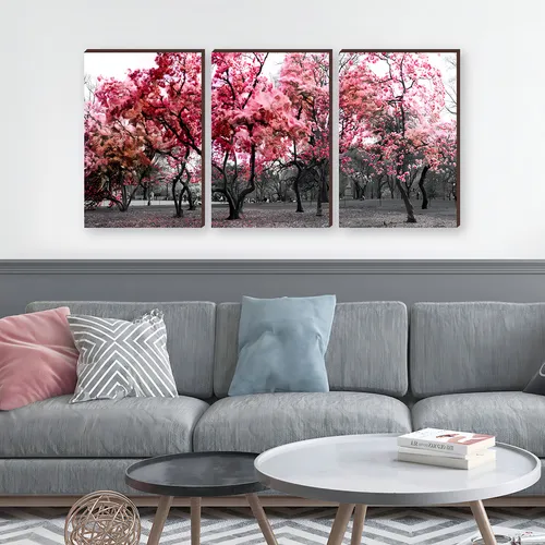 Kit de 3 marcos decorativos Ipê Pink Trees 40x60 cm Color del marco marrón oscuro