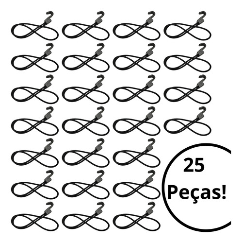 25 Extensores Elásticos 35cm Com Gancho Para Lona Preto
