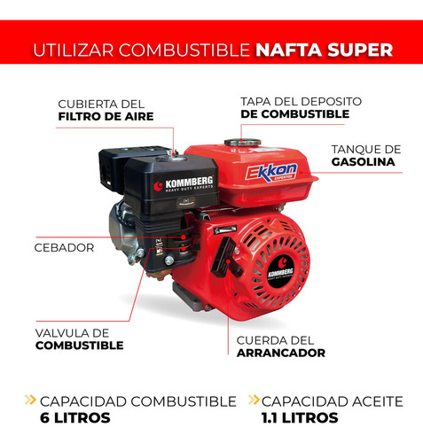 Motor 13 Hp Kommberg 3600 Rpm Horizontal Nafta Arranque Manual Kb-mn130 Agro Karting Combustible 6 L