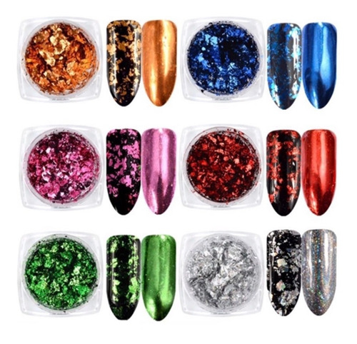 6 Pó Espelhado Flocos De Glitter  Para Unhas Gel