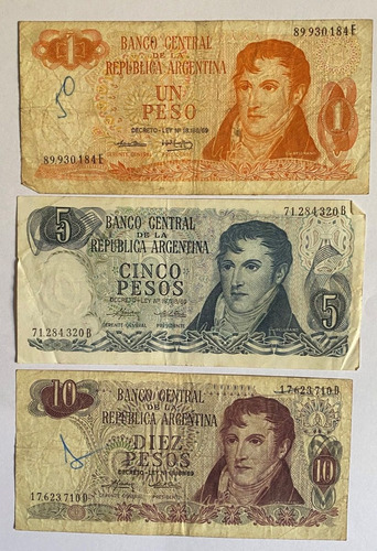 Billetes 3 Argentina 1 5 Y 10 Pesos, 1969, Bl210