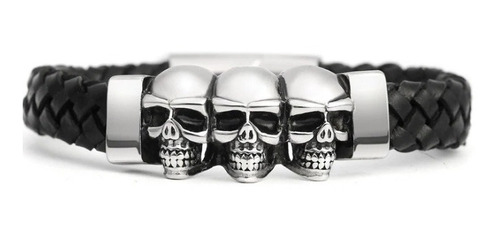 Pulsera De Piel Cuero Trenzado Negro Calaveras Acero Inox