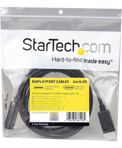 Cable Dp A Hdmi Startech Dp2hdmm2mb Ultra Hd 4k 2m M-m Negro