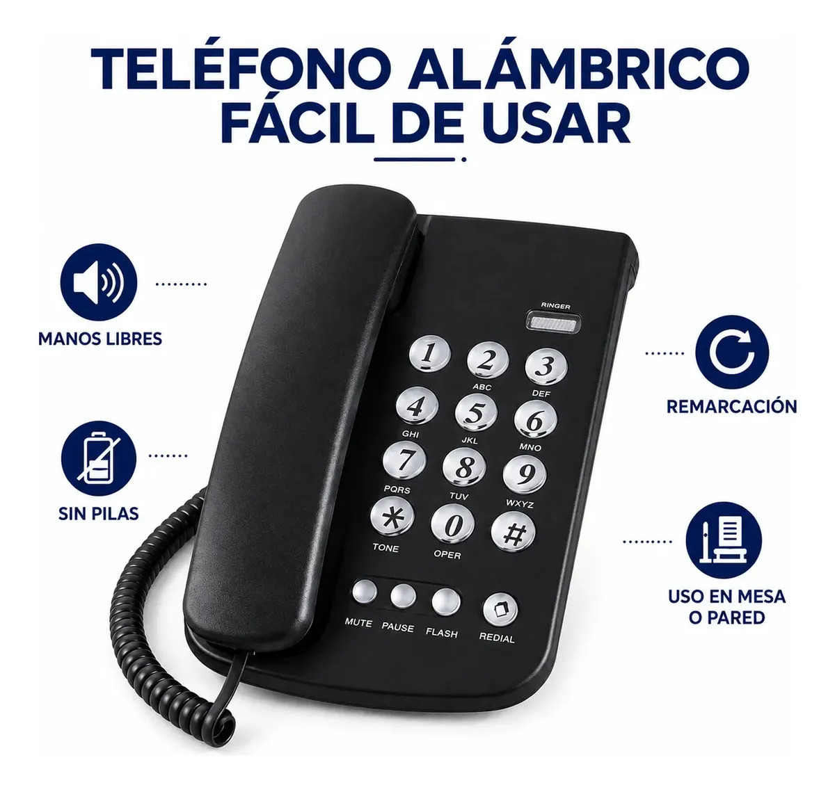 Teléfono Fijo Alámbrico Kwalux KX-T3014 LCD con Manos Libres Negro Montable Pared