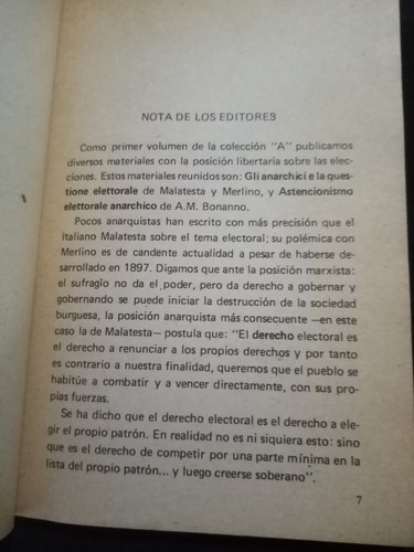 Anarquismo Y Elecciones. Malatesta - Merlino, Bonanno. Col A