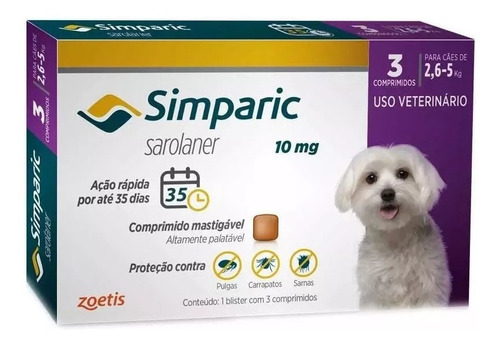 Combo Simparic 10 Mg 2,6 A 5 Kg 3 Comprimidos Carrapato Sarn