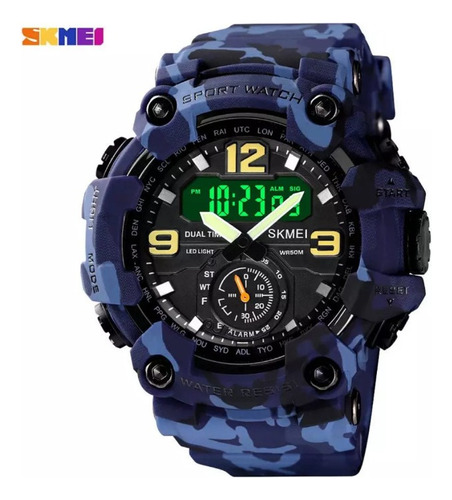 Relógio de pulso Skmei 1637 com corpo camuflado azul,  analógico-digital, para masculino, fundo  preto, com correia de poliuretano cor camuflado azul, agulhas cor verde, preto e branco, subdials de cor amarelo e branco, subesferas cor preto, ponteiro de minutos/segundos branco, bisel cor camuflado azul, luz verde e fivela dupla