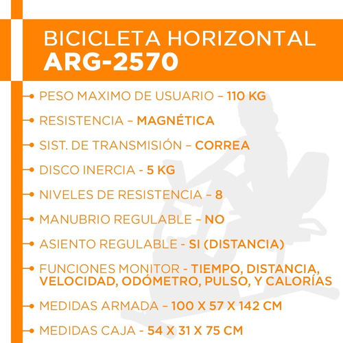 Bicicleta Fija 2570 Recumbent Magnetica Horizontal H/110kg