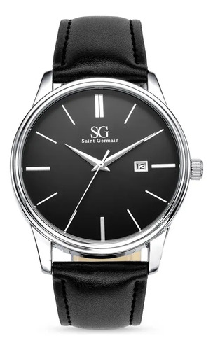 Relógio Masculino Chrowl Saint Germain Pulseira Couro Caixa Prateada Fundo Preto 42mm Clássico