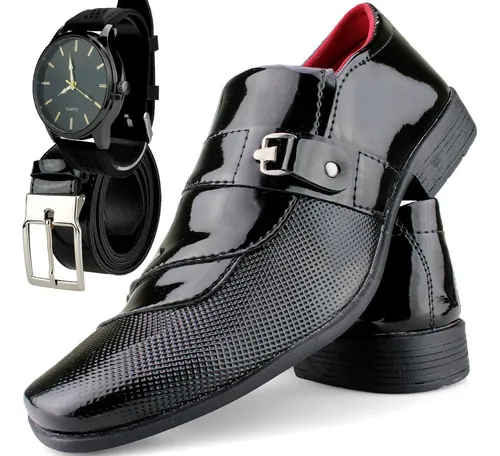 Kit Sapato Masculino Preto Social Relogio E Cinto Envio J