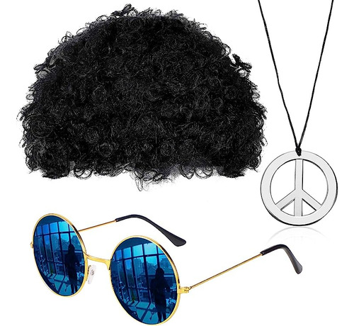 Disfraz Hippie Afro Peluca Gafas Sol Signo Collar Para Temat
