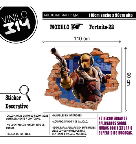 Imagen 3 de 6 de Vinilo Decorativo Fortnite I22 Sticker Con Efecto Muro Roto